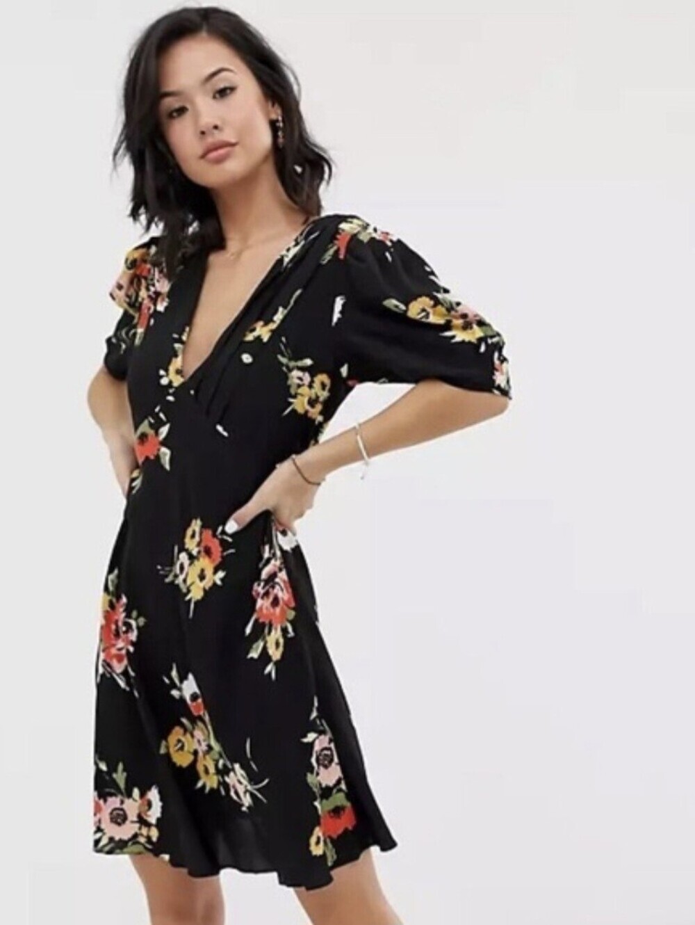 Free People Neon Garden Black Floral Puff-Sleeve V-Neck Mini Dress